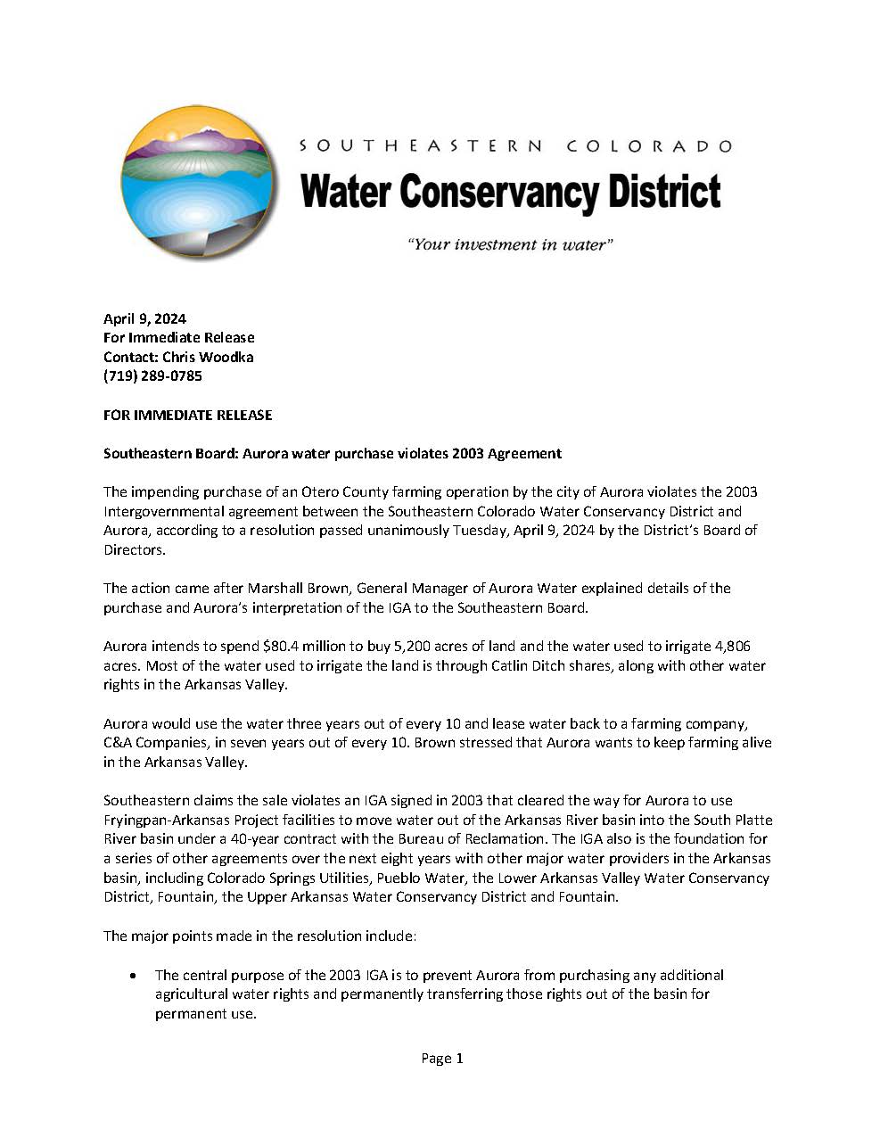 Aurora Water Buy 4/9/24 Press Release